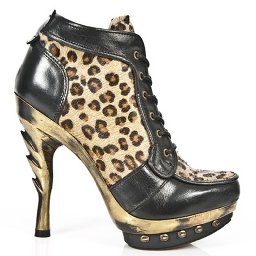 New Rock Ankle Boots M.Punk006-C2 Nomada Negro Leopardo Pelo Marron Plat Oro Punk
