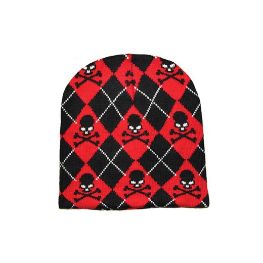 Chapeau en laine rouge et noir avec crânes