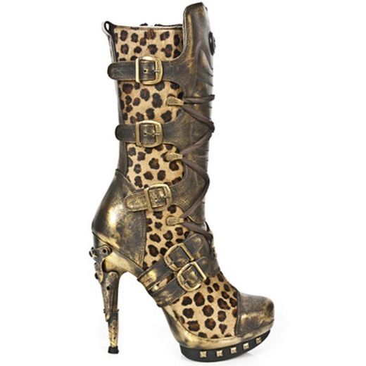 New Rock Boots M.Punk001-C7 Box Oromane Leopardo Pelo Marron Plataf Oro Pun