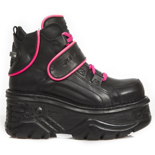 Botin New Rock M.1077-S1 Crust Negro, Ribete Fluor Fucsia, Turbo Negro S