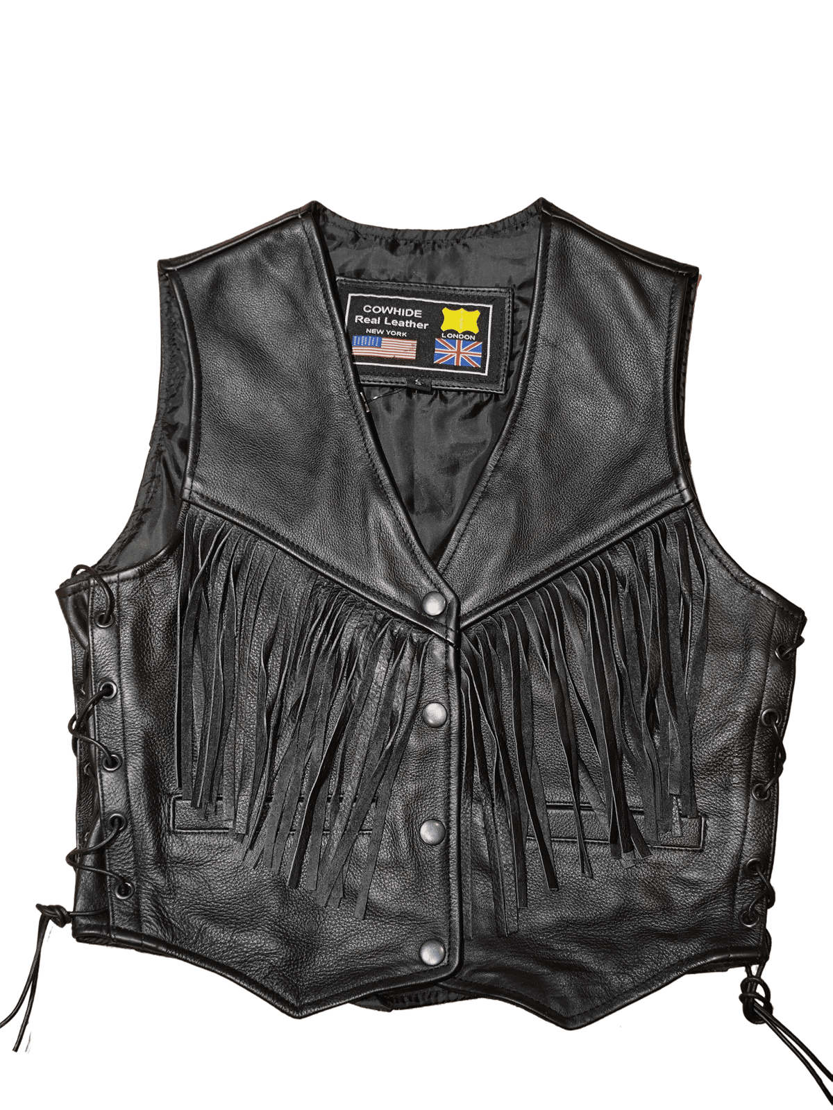 Chaleco cuero negro chica con flecos 3XL