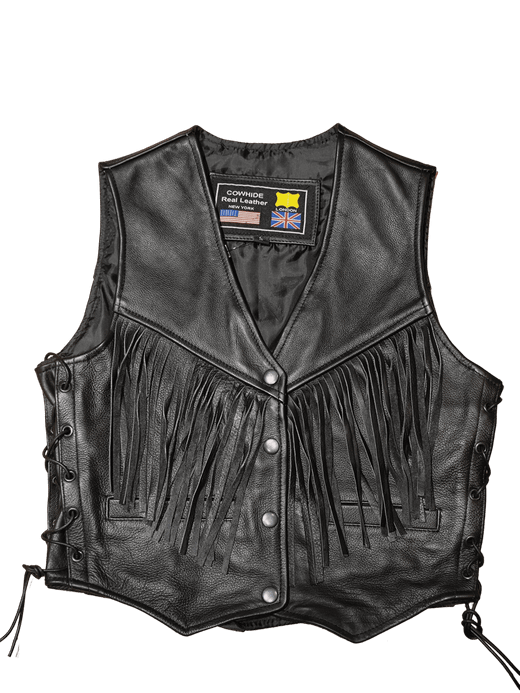 Chaleco cuero negro chica con flecos