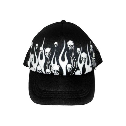 Gorra Negra Con Calaveras Y Llamas Blancas
